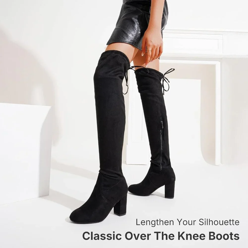 Women's Black Suede Chunky Heels Zipper Over The Knee High Adjustable Boots